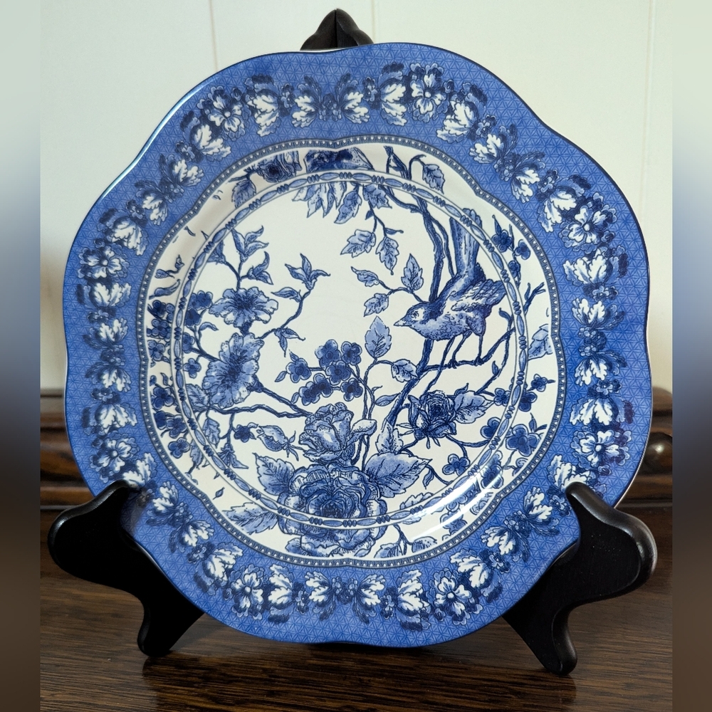 S468 Certified International Blue and White Bird Floral Plate
